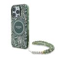 Husă cu curea din perle iPhone 16 Pro Guess IML Flowers Allover Electro - compatibil MagSafe - Verde