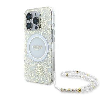 Husă cu curea din perle iPhone 16 Pro Max Guess IML Flowers Allover Electro - compatibil MagSafe - alb